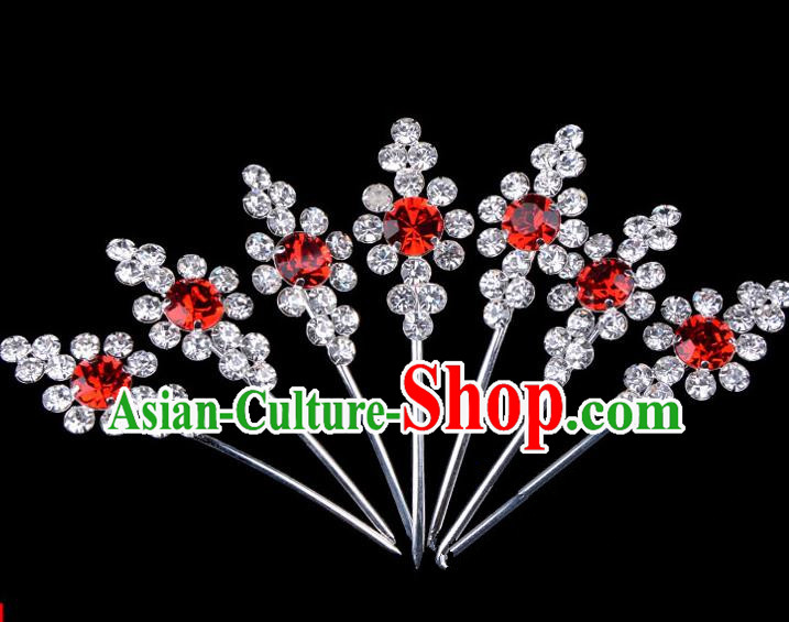 Traditional Beijing Opera Diva Hair Accessories Red Crystal Head Ornaments Complete Set, Ancient Chinese Peking Opera Hua Tan Hairpins Hair Stick Headwear