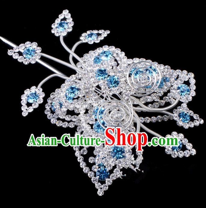 Traditional Beijing Opera Diva Hair Accessories Blue Crystal Butterfly Head Ornaments, Ancient Chinese Peking Opera Hua Tan Large Hairpins Hair Stick Headwear