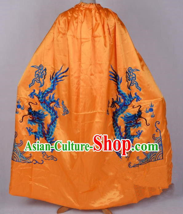 Top Grade Professional Beijing Opera Costume Emperor Embroidered Yellow Cloak, Traditional Ancient Chinese Peking Opera King Embroidery Dragons Mantle Clothing