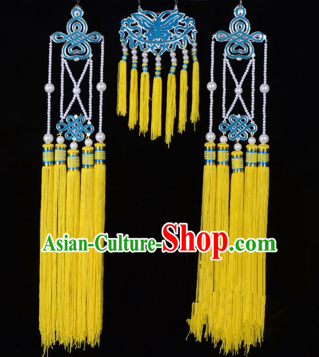 Traditional Beijing Opera Diva Hair Accessories Empress Head Ornaments Temples Curtain Hairpins, Ancient Chinese Peking Opera Hua Tan Yellow Tassel Headwear