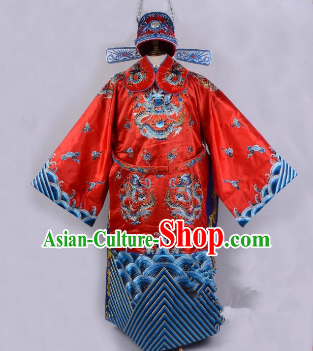 Top Grade Professional Beijing Opera Emperor Costume Royal Highness Red Embroidered Robe and Belts, Traditional Ancient Chinese Peking Opera Embroidery Dragons Clothing