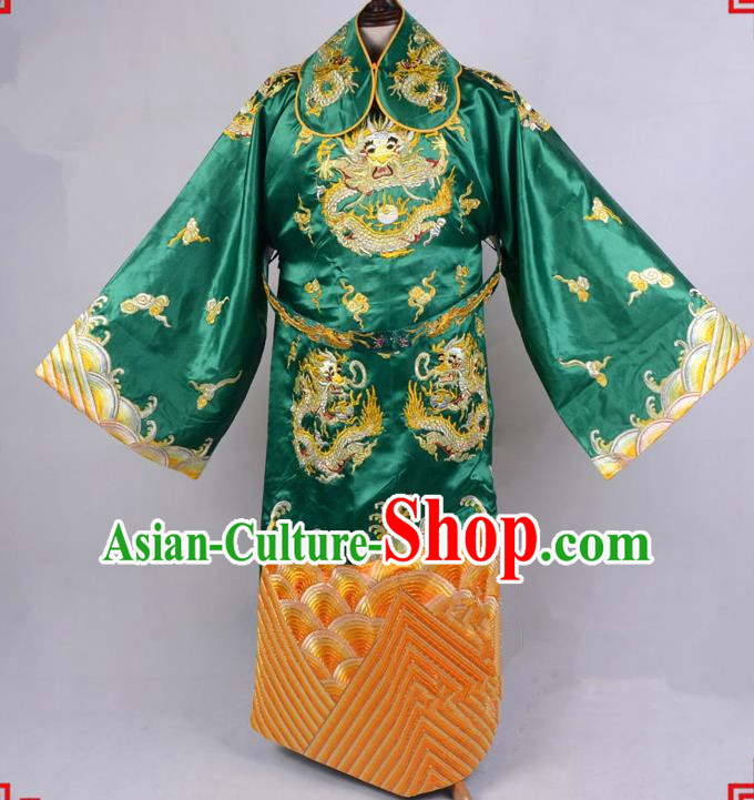 Top Grade Professional Beijing Opera Emperor Costume Royal Highness Green Embroidered Robe and Belts, Traditional Ancient Chinese Peking Opera Embroidery Dragons Clothing