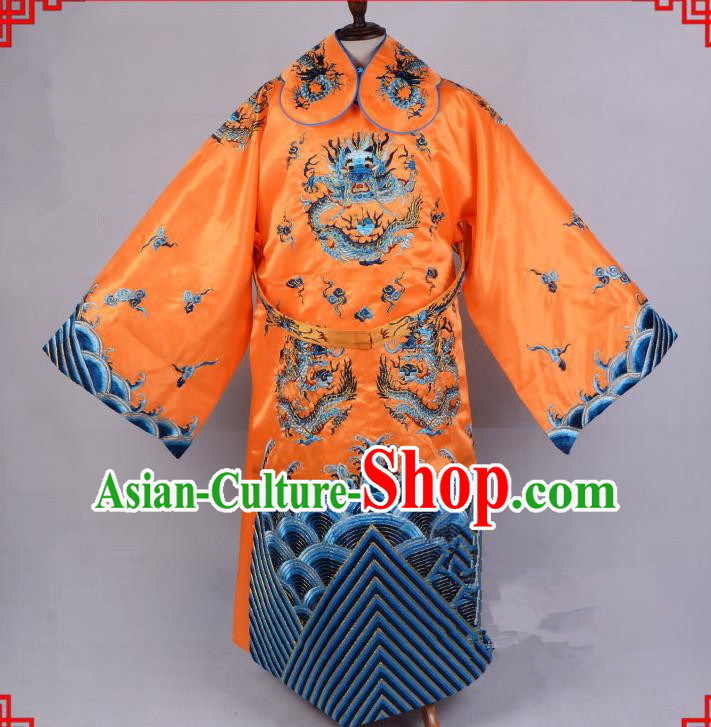Top Grade Professional Beijing Opera Emperor Costume Royal Highness Yellow Embroidered Robe and Belts, Traditional Ancient Chinese Peking Opera Embroidery Dragons Clothing