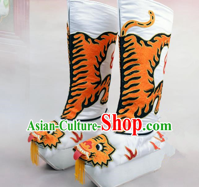 Traditional Beijing Opera Emperor Embroidered White Boots Tiger-head Shoes, Ancient Chinese Peking Opera Takefu Satin Embroidery High Leg Boots