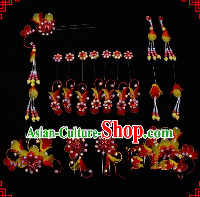 Traditional Beijing Opera Diva Hair Accessories Head Ornaments Complete Set Red Hairpins, Ancient Chinese Peking Opera Hua Tan Hair Stick Headwear