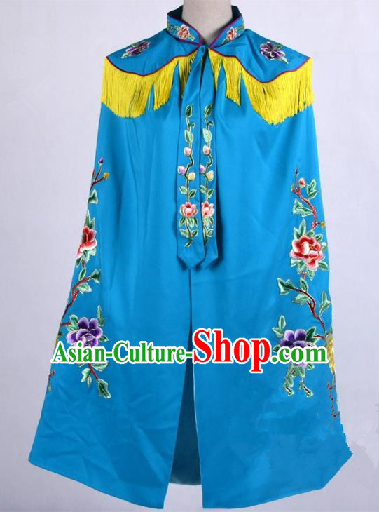 Top Grade Professional Beijing Opera Female General Costume Swordplay Blue Embroidered Cloak, Traditional Ancient Chinese Peking Opera Mu Guiying Embroidery Mantle Clothing