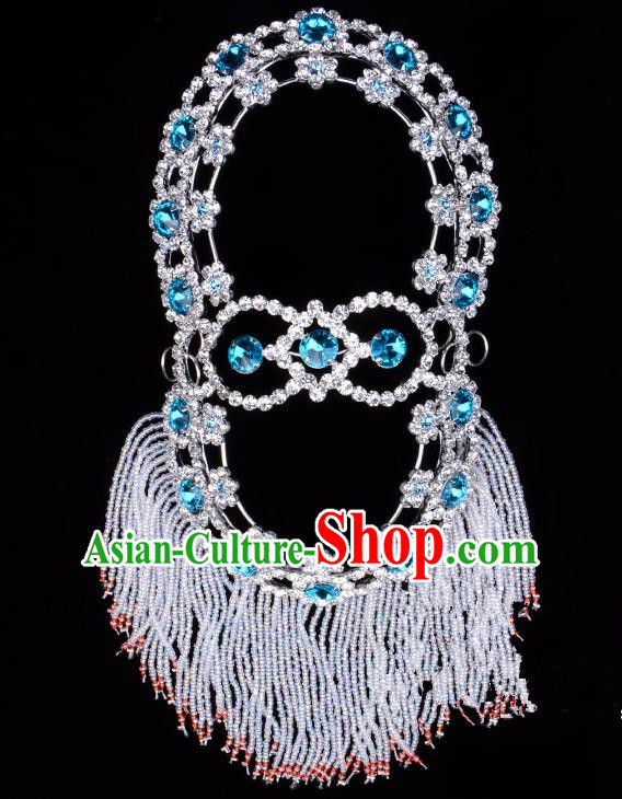 Traditional Beijing Opera Diva Hair Accessories Blue Crystal Head Ornaments Hairpins, Ancient Chinese Peking Opera Hua Tan Headband Headwear