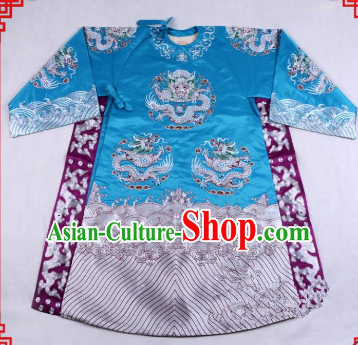 Top Grade Professional Beijing Opera Emperor Costume General Blue Embroidered Robe, Traditional Ancient Chinese Peking Opera Royal Highness Embroidery Dragons Clothing