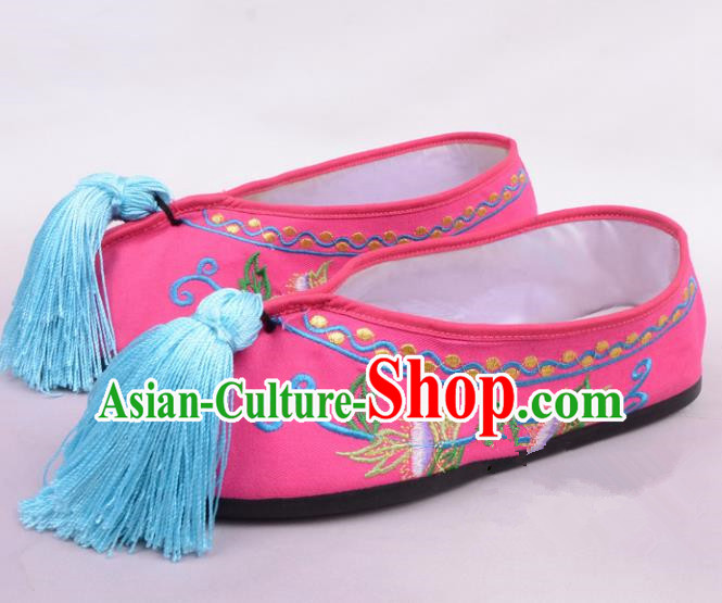 Traditional Beijing Opera Hua Tan Embroidered Shoes Princess Rosy Shoes, Ancient Chinese Peking Opera Diva Blood Stained Shoes