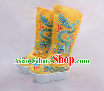 Traditional Beijing Opera Emperor Embroidered Boots Yellow Tiger-head Shoes, Ancient Chinese Peking Opera Takefu Satin Embroidery High Leg Boots