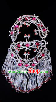 Traditional Beijing Opera Diva Hair Accessories Rosy Crystal Head Ornaments Headband, Ancient Chinese Peking Opera Hua Tan Hairpins Headwear