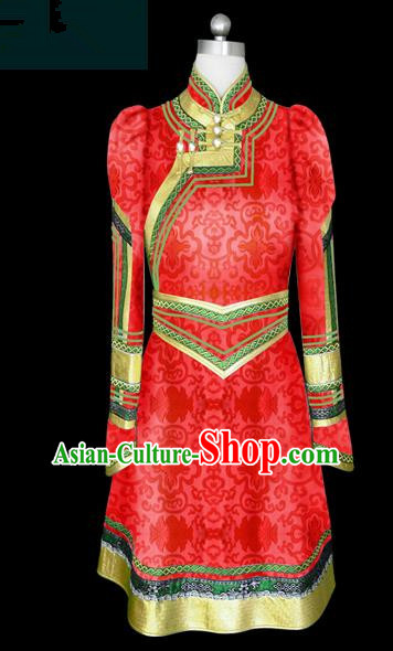 Traditional Chinese Mongol Nationality Wedding Costume Female Red Mongolian Robe, Chinese Mongolian Minority Nationality Princess Embroidery Costume for Women