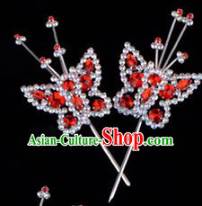 Traditional Beijing Opera Diva Hair Accessories Red Crystal Head Ornaments Butterfly Hairpin, Ancient Chinese Peking Opera Hua Tan Hairpins Headwear