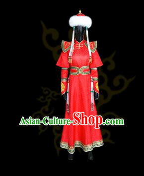Traditional Chinese Mongol Nationality Dance Costume Princess Red Dress, Chinese Mongolian Minority Nationality Embroidery Mongolian Robe Clothing for Women