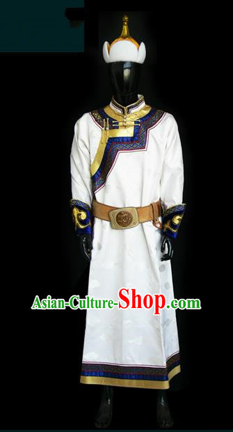Traditional Chinese Mongol Nationality Dance Costume White Mongolian Robe, Chinese Mongolian Minority Nationality Prince Embroidery Costume for Men