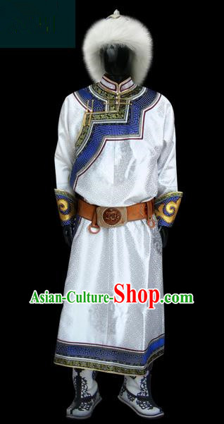 Traditional Chinese Mongol Nationality Dance Costume White Mongolian Robe, Chinese Mongolian Minority Nationality Royal Highness Clothing for Men