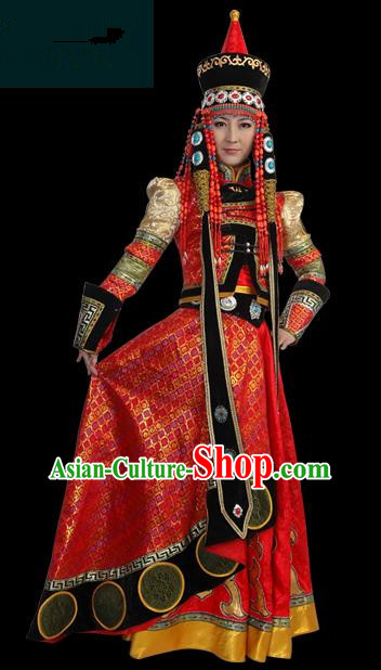 Traditional Chinese Mongol Nationality Wedding Costume Female Pleated Skirt, Chinese Mongolian Minority Nationality Princess Embroidery Costume for Women