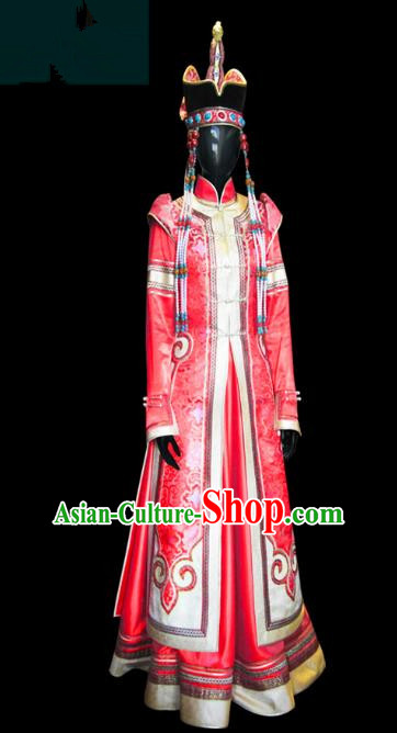Traditional Chinese Mongol Nationality Wedding Costume Female Red Pleated Skirt, Chinese Mongolian Minority Nationality Princess Embroidery Costume for Women