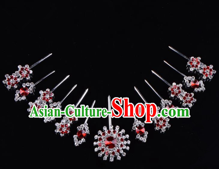 Traditional Beijing Opera Diva Hair Accessories Red Crystal Hairpins Head Ornaments Complete Set, Ancient Chinese Peking Opera Hua Tan Hair Stick Headwear