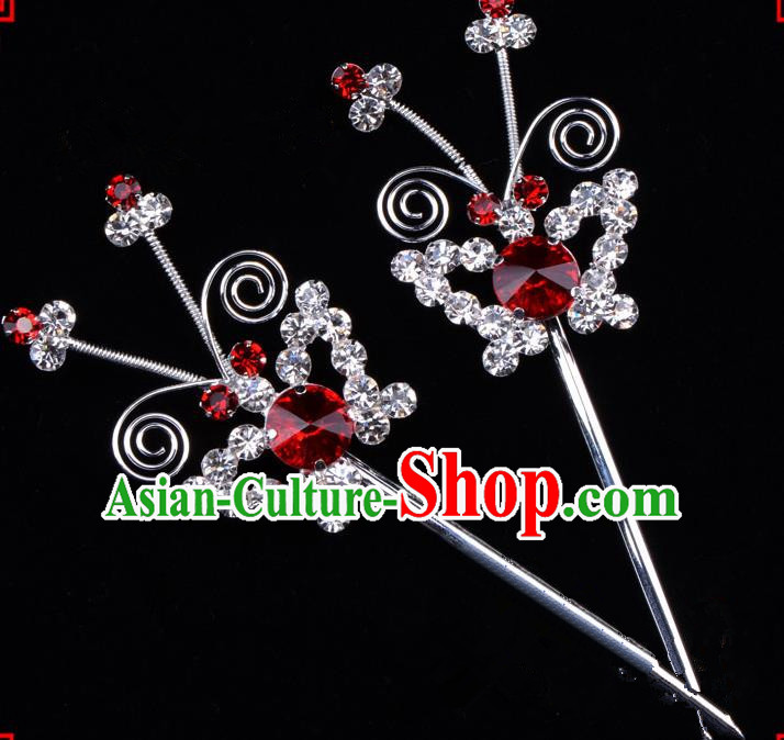 Traditional Beijing Opera Diva Hair Accessories Red Crystal Butterfly Hairpins, Ancient Chinese Peking Opera Hua Tan Hair Stick Headwear
