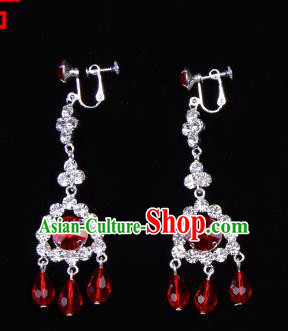 Traditional Beijing Opera Diva Jewelry Accessories Red Crystal Earrings, Ancient Chinese Peking Opera Hua Tan Tassel Eardrop