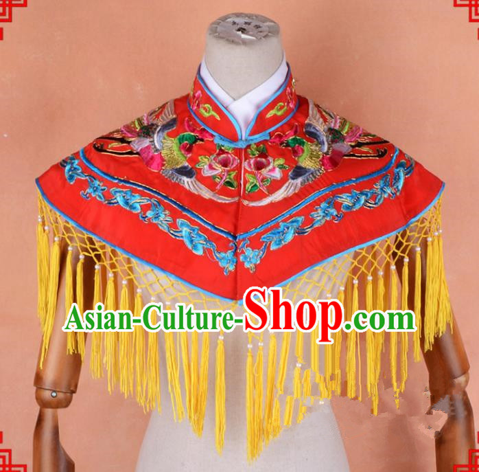 Top Grade Professional Beijing Opera Palace Lady Costume Hua Tan Red Embroidered Cloud Shoulder, Traditional Ancient Chinese Peking Opera Diva Wedding Embroidery Clothing