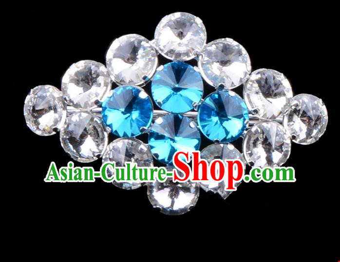 Traditional Beijing Opera Young Lady Jewelry Accessories Diva Blue Crystal Brooch, Ancient Chinese Peking Opera Hua Tan Breastpin