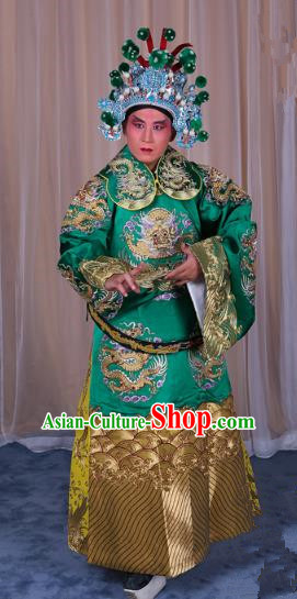 Top Grade Professional Beijing Opera Emperor Costume Green Embroidered Robe Gwanbok, Traditional Ancient Chinese Peking Opera Royal Highness Embroidery Dragons Clothing