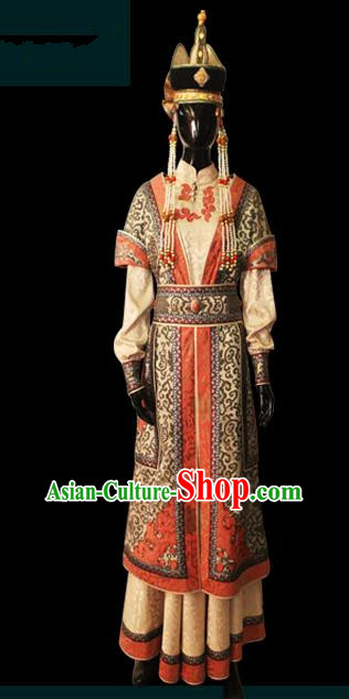 Traditional Chinese Mongol Nationality Dance Costume, Female Folk Dance Khaki Satin Mongolian Robe, Chinese Mongolian Minority Nationality Embroidery Costume for Women