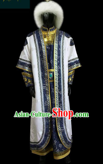 Traditional Chinese Mongol Nationality Dance Costume Mongolian Robe, Chinese Mongolian Minority Nationality Khan King Embroidery Costume for Men