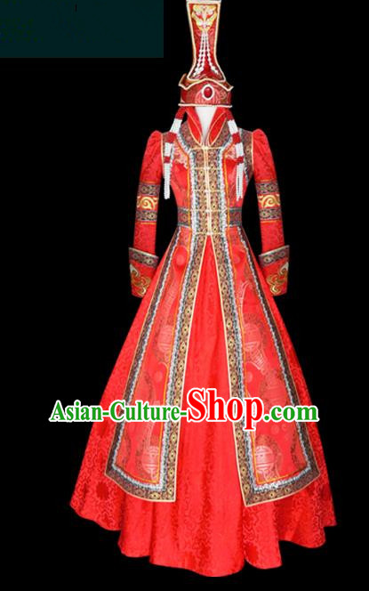 Traditional Chinese Mongol Nationality Costume Queen Red Bubble Dress, Chinese Mongolian Minority Nationality Princess Embroidery Wedding Clothing for Women
