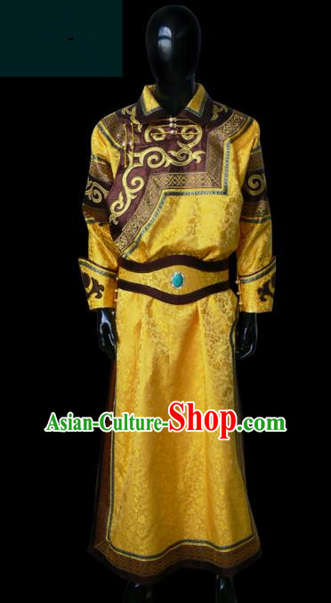 Traditional Chinese Mongol Nationality Dance Costume Golden Mongolian Robe, Chinese Mongolian Minority Nationality Royal Highness Clothing for Men