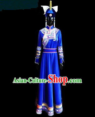 Traditional Chinese Mongol Nationality Dance Costume Female Dress, Chinese Mongolian Minority Nationality Princess Blue Mongolian Robe Embroidery Clothing for Women