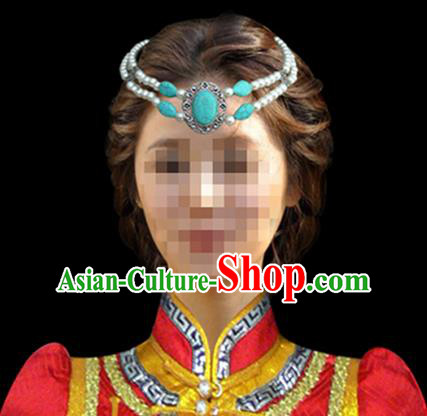 Traditional Chinese Mongol Nationality Hair Accessories Mongols Princess Blue Turquoise Headband, Chinese Mongolian Minority Nationality Headwear for Women