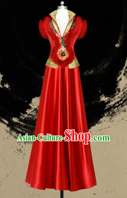 Traditional Chinese Modern Dancing Compere Performance Costume, Opening Classic Chorus Singing Group Dance Red Dress for Women