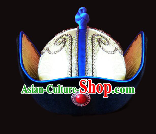 Traditional Chinese Mongol Nationality Royal Highness Hat, Chinese Mongolian Minority Nationality Headwear for Men