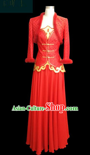 Traditional Chinese Mongol Nationality Dance Costume Red Wedding Mongolian Clothing, Chinese Mongolian Minority Nationality Young Lady Embroidery Dress for Women