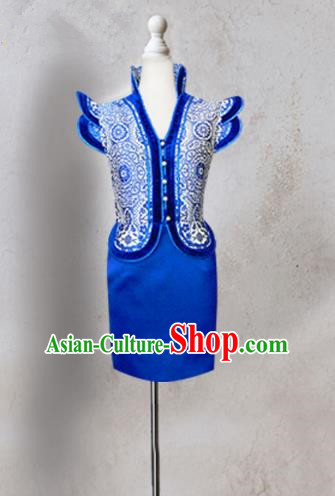 Traditional Chinese Mongol Nationality Costume Blue Short Mongolian Robe, Chinese Mongolian Minority Nationality Dress Clothing for Women