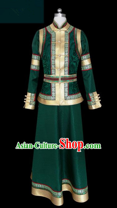 Traditional Chinese Mongol Nationality Dance Costume Green Mongolian Robe, Chinese Mongolian Minority Nationality Princess Embroidery Clothing for Women