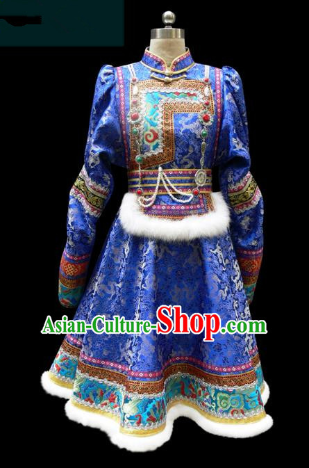 Traditional Chinese Mongol Nationality Costume Princess Blue Mongolian Robe, Chinese Mongolian Minority Nationality Dance Dress Clothing for Women
