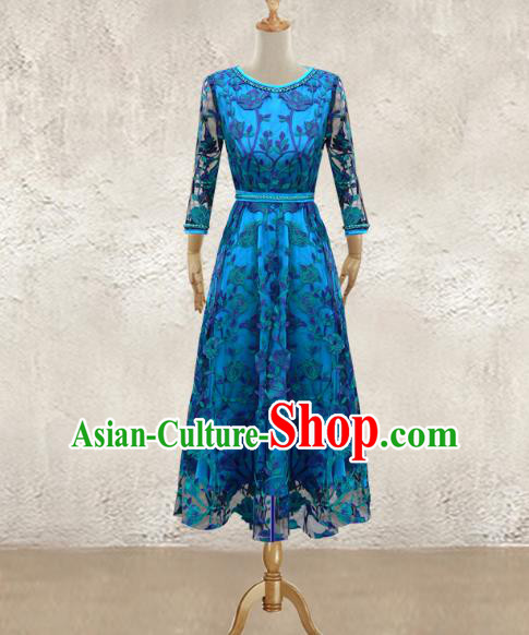 Traditional Chinese National Costume Elegant Hanfu Blue Long Dress, China Tang Suit Plated Buttons Chirpaur Lace Cheongsam Qipao for Women