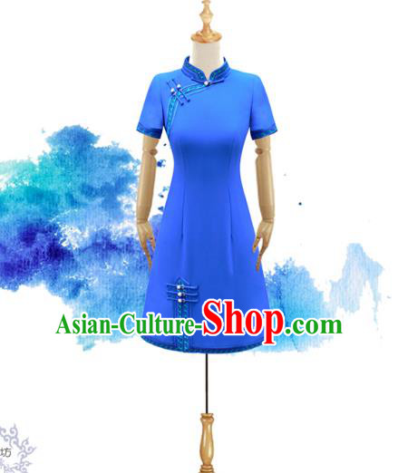 Traditional Chinese National Costume Elegant Hanfu Blue Dress, China Tang Suit Plated Buttons Chirpaur Cheongsam Qipao for Women