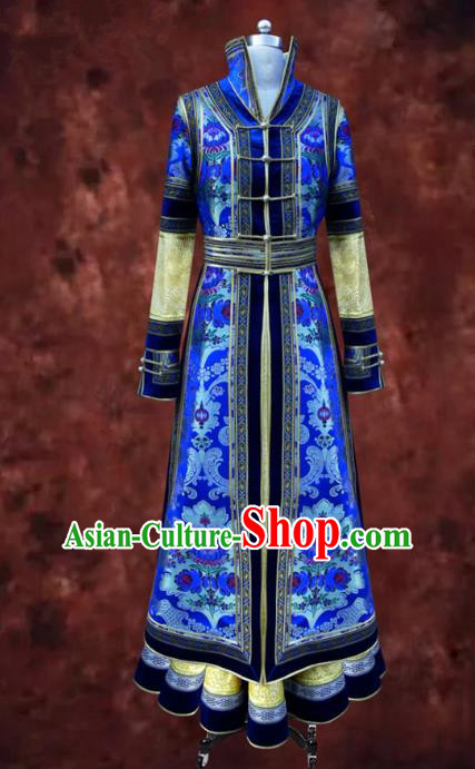 Traditional Chinese Mongol Nationality Dance Costume Queen Blue Mongolian Robe, Chinese Mongolian Minority Nationality Bride Embroidery Costume for Women