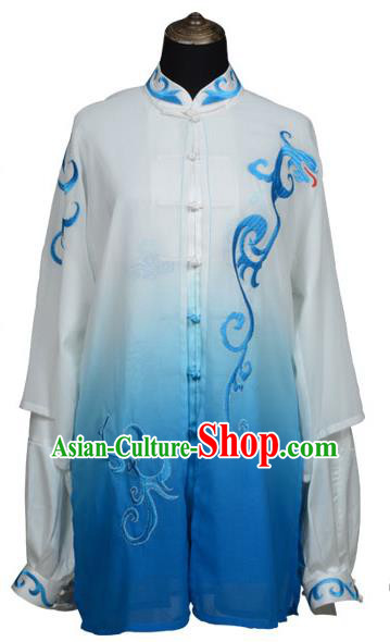Top Kung Fu Costume Martial Arts Costume Kung Fu Training Blue Uniform, Gongfu Shaolin Wushu Embroidery Tai Ji Clothing for Women