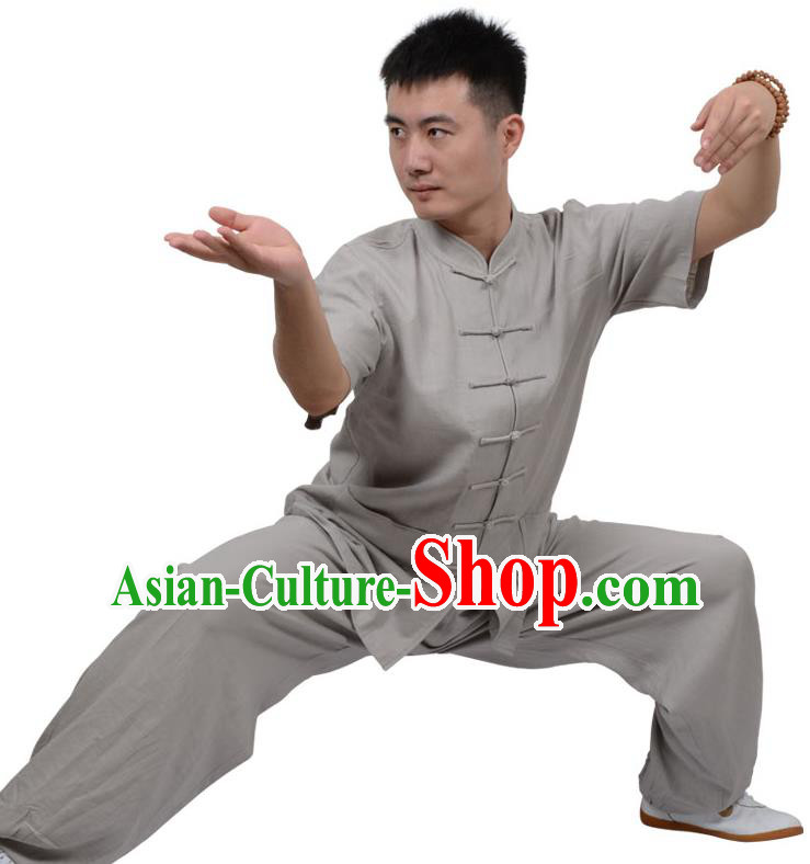 Top Kung Fu Linen Costume Martial Arts Costume Kung Fu Training Short Sleeve Grey Uniform, Gongfu Shaolin Wushu Tai Ji Plated Buttons Clothing for Women for Men