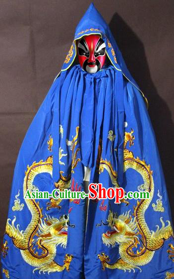 Traditional China Beijing Opera Costume Embroidery Dragon Cloak, Chinese Peking Opera General Blue Embroidered Cape