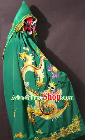 Traditional China Beijing Opera Costume Embroidery Dragon Cloak, Chinese Peking Opera General Green Embroidered Cape