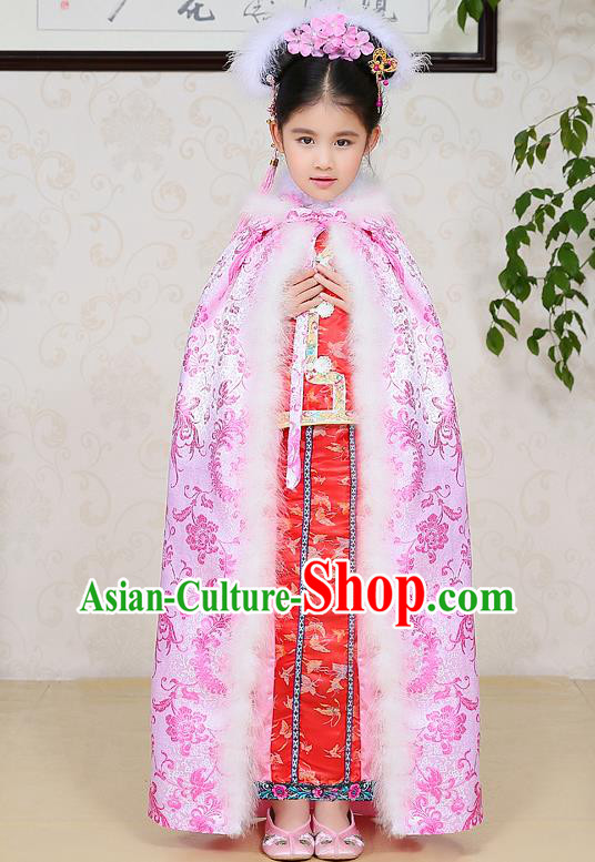 Traditional Ancient Chinese Qing Dynasty Manchu Princess Costume Embroidered Pink Cloak for Kids
