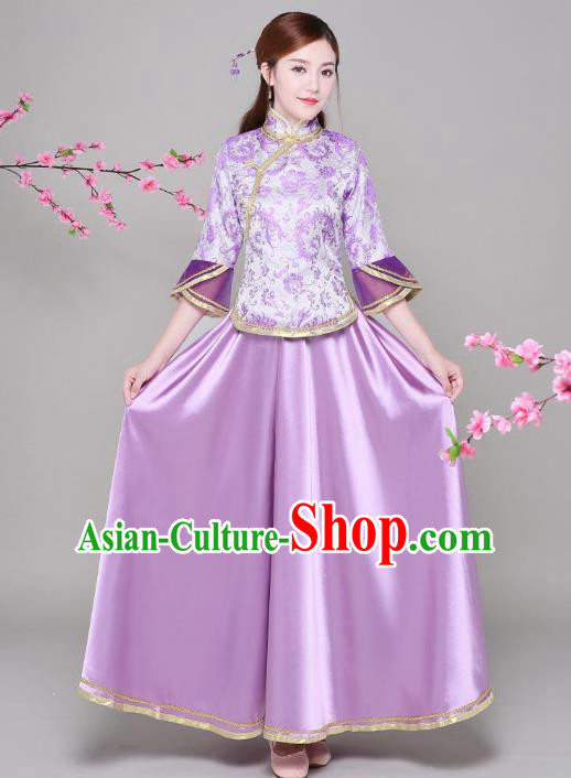 Traditional Chinese Republic of China Nobility Lady Clothing, China National Embroidered Purple Blouse and Skirt for Women