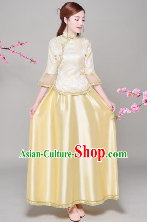 Traditional Chinese Republic of China Nobility Lady Clothing, China National Embroidered Yellow Blouse and Skirt for Women